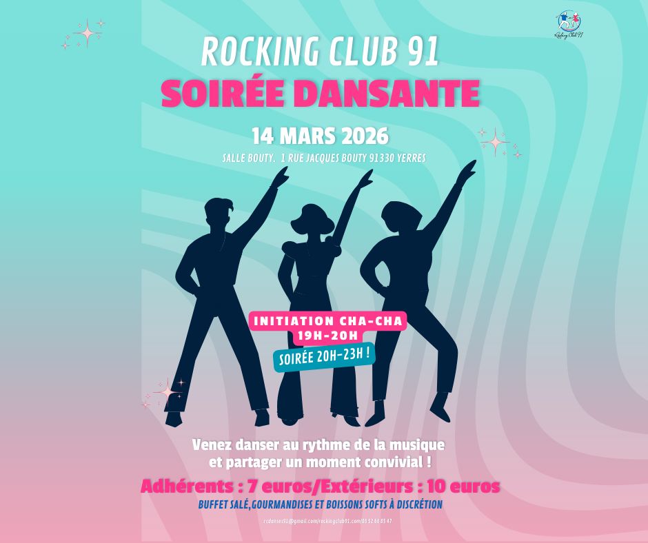 Affiche soirée, dansante, 14 mars 2026, initiation cha-cha Rocking Club 91